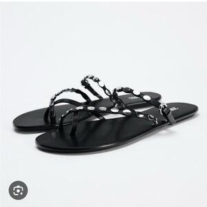 Zara Black Flat Sandals with Metal Studs